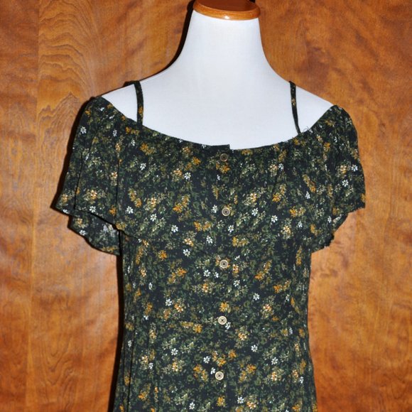 Mossimo Dark Green Floral Off Shoulder Flutter Sleeve Sun Dress Size L - Picture 2 of 9